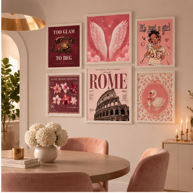 Set 6 quadri pink glam ambientato in sala da pranzo