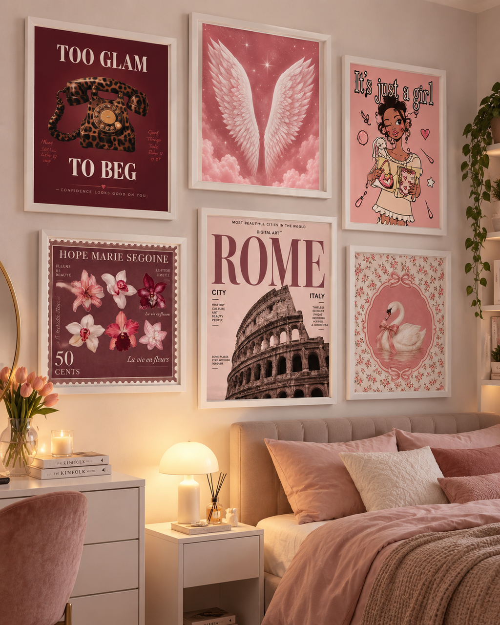 Set 6 quadri decorativi pink glam con 2 A3 e 4 A4