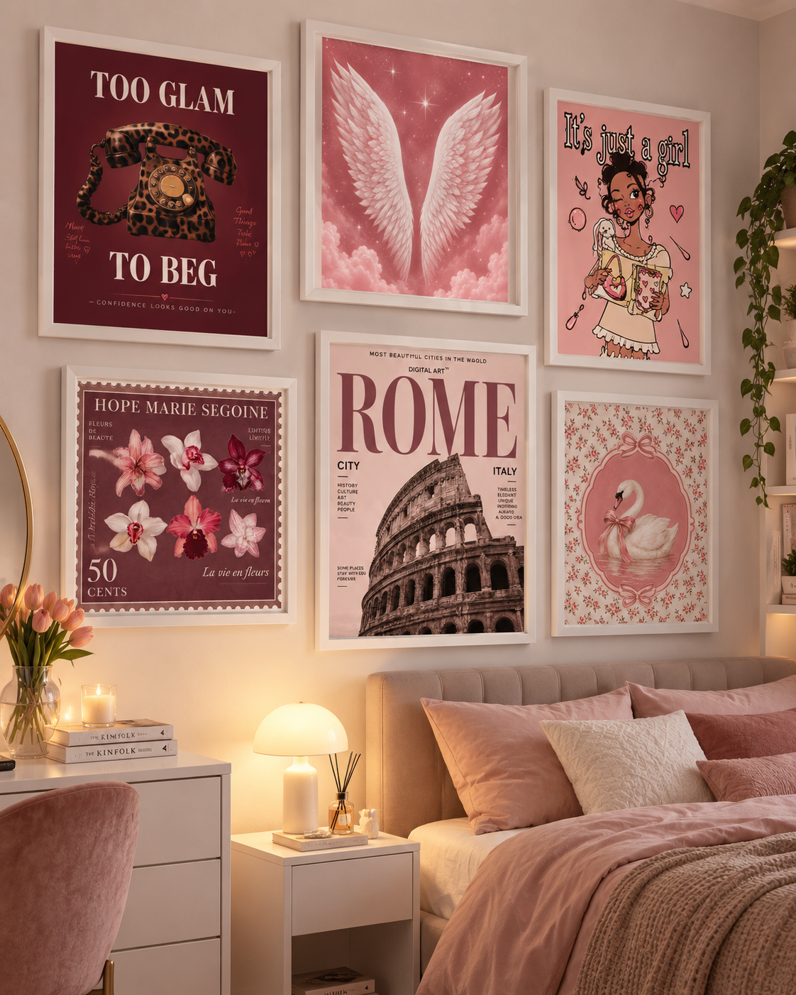 Set 6 quadri decorativi pink glam con 2 A3 e 4 A4