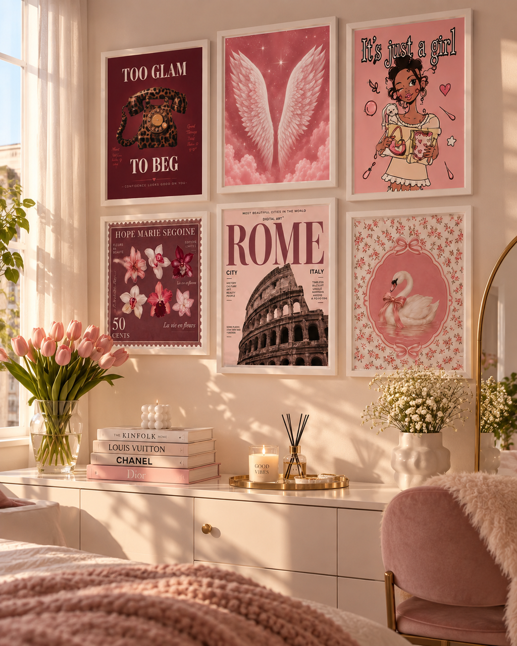 Set 6 quadri pink glam ambientato in una stanza elegante