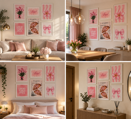 Ambientazioni del set di sei quadri rosa