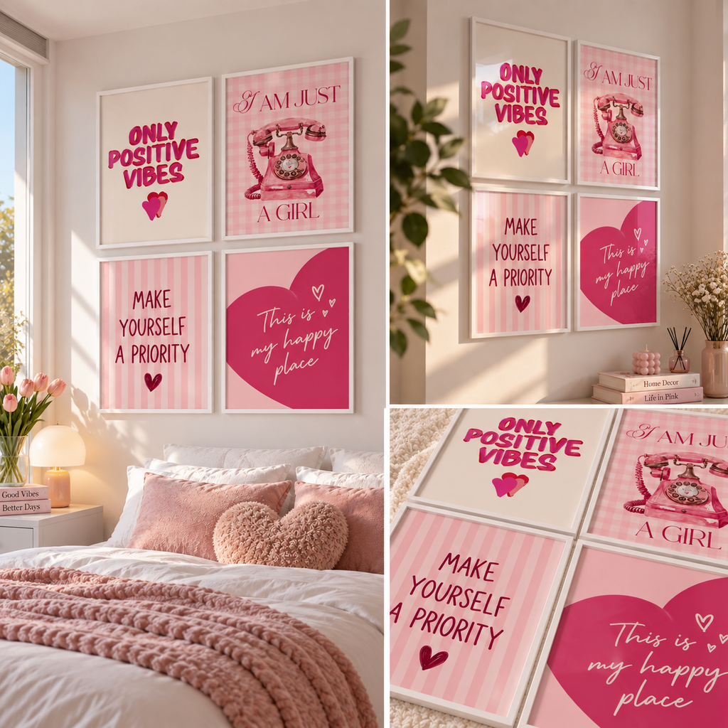Set 4 quadri pink ambientati in camera da letto