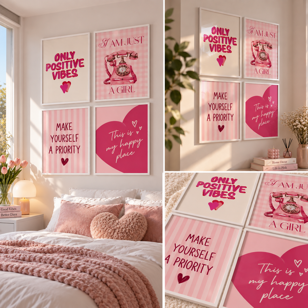 Set 4 quadri pink ambientati in camera da letto