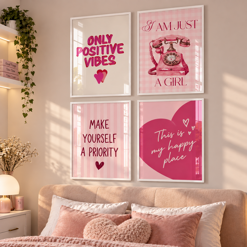Set 4 quadri decorativi pink A4 con cornici